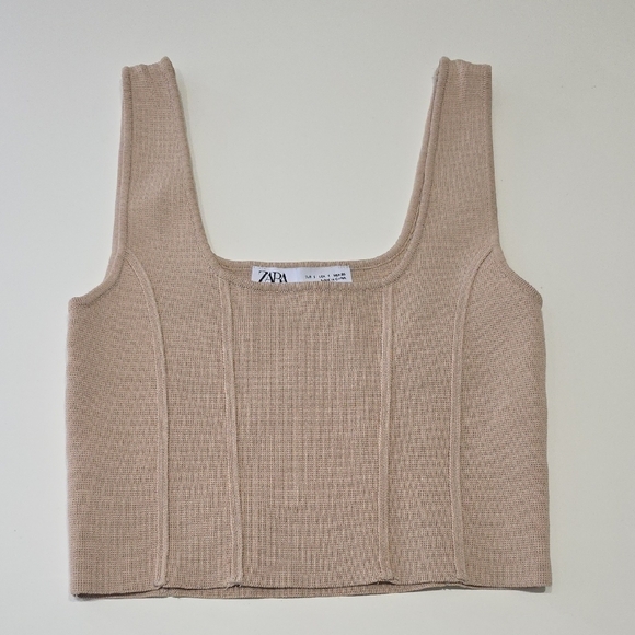 Zara Crop Tank Top Ribbed Square Neck Corset Style Beige Womens Size Small - Picture 4 of 10
